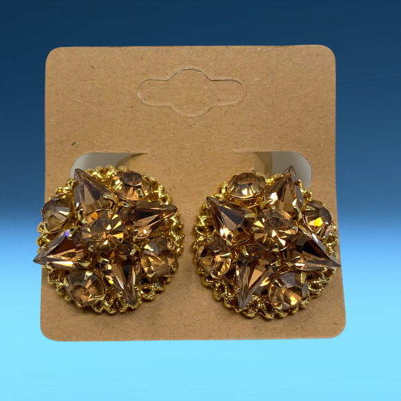 Vintage 1960's Amber Crystal Button Cluster Earrings Clip On Runway Couture - Picture 6 of 6